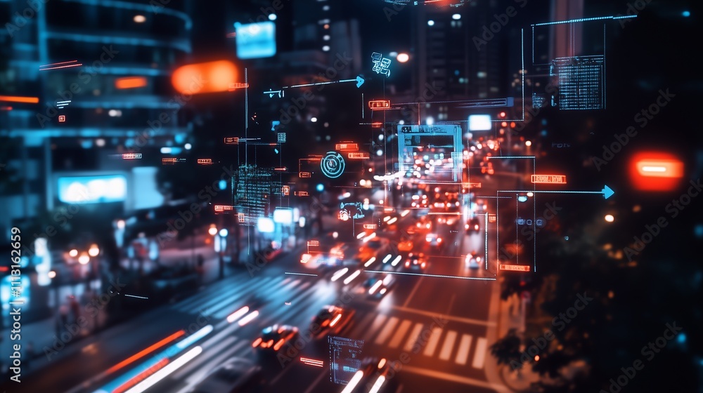 Urban night traffic illuminated by digital overlays depicting data and information flow in a modern city setting Urban night traffic illuminated by digital overlays depicting data and information flow in a modern city setting