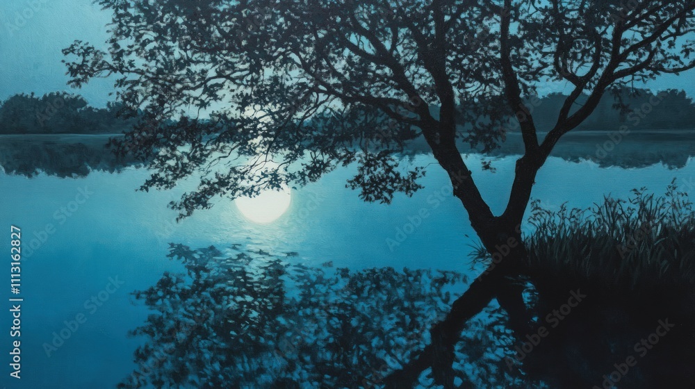 Serene moonlit lake, tree silhouette reflected. Serene moonlit lake, tree silhouette reflected.