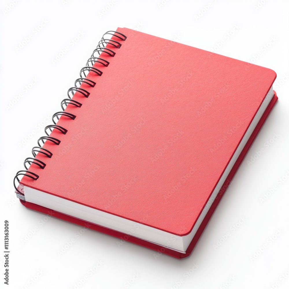 A red spiral-bound notebook with blank pages, ideal for writing or sketching. A red spiral-bound notebook with blank pages, ideal for writing or sketching.