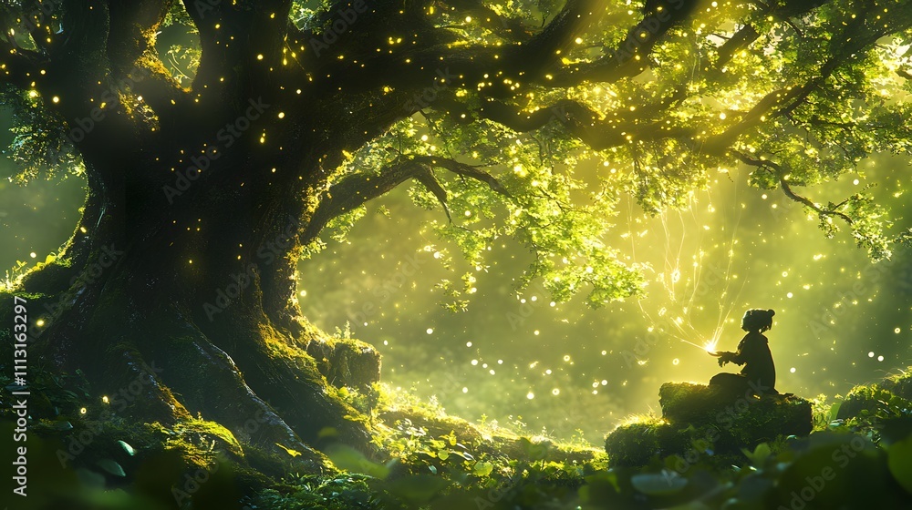 Fototapeta premium A candid image of a forest spirit weaving glowing threads into the branches of an ancient tree.