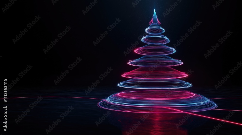 A neon-lit, abstract representation of a Christmas tree with swirling light patterns. A neon-lit, abstract representation of a Christmas tree with swirling light patterns.