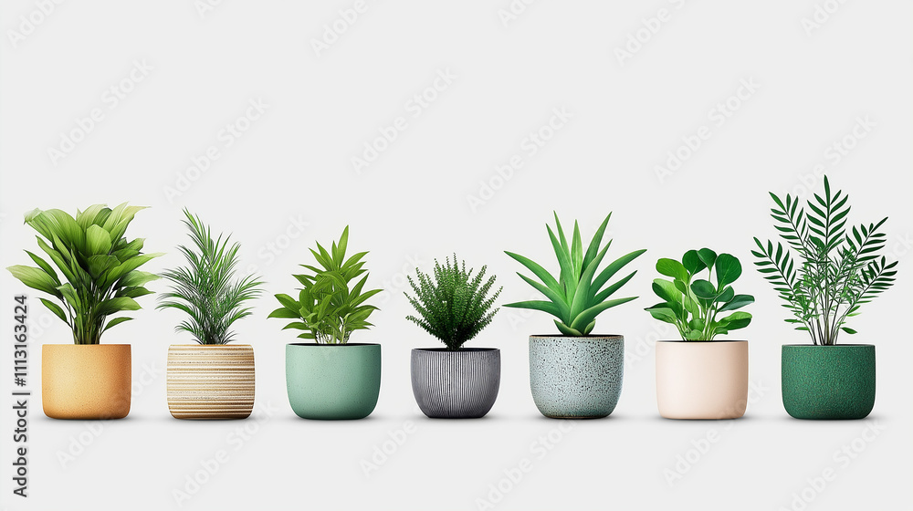 A Row of Green: A vibrant collection of potted plants, each unique in its foliage and container, creating a visually captivating display of nature's beauty and life. A Row of Green: A vibrant collection of potted plants, each unique in its foliage and container, creating a visually captivating display of nature's beauty and life.