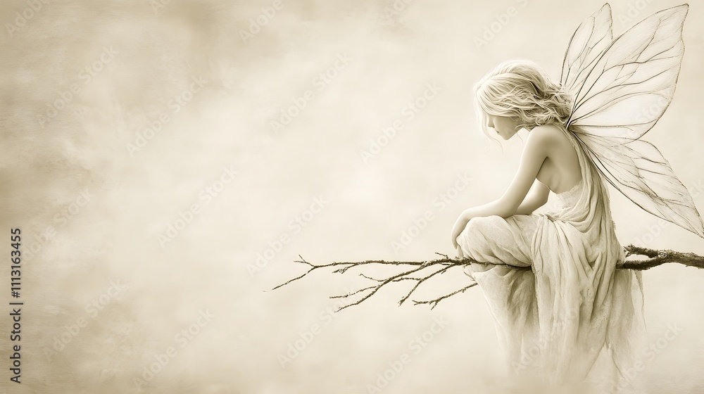 A neutral-toned image of a fairy perched on a bare branch, her delicate wings folded gently against her back. A neutral-toned image of a fairy perched on a bare branch, her delicate wings folded gently against her back.
