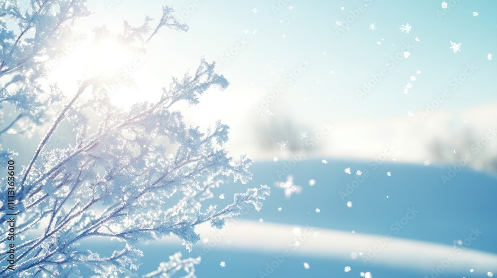A beautiful blue sky with snowflakes falling, a branch covered in ice crystals A beautiful blue sky with snowflakes falling, a branch covered in ice crystals