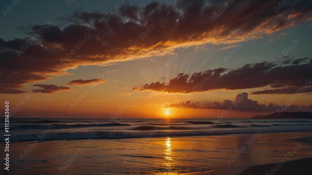 Fototapeta premium Dramatic sunset over the ocean beach with vibrant colors and clouds.