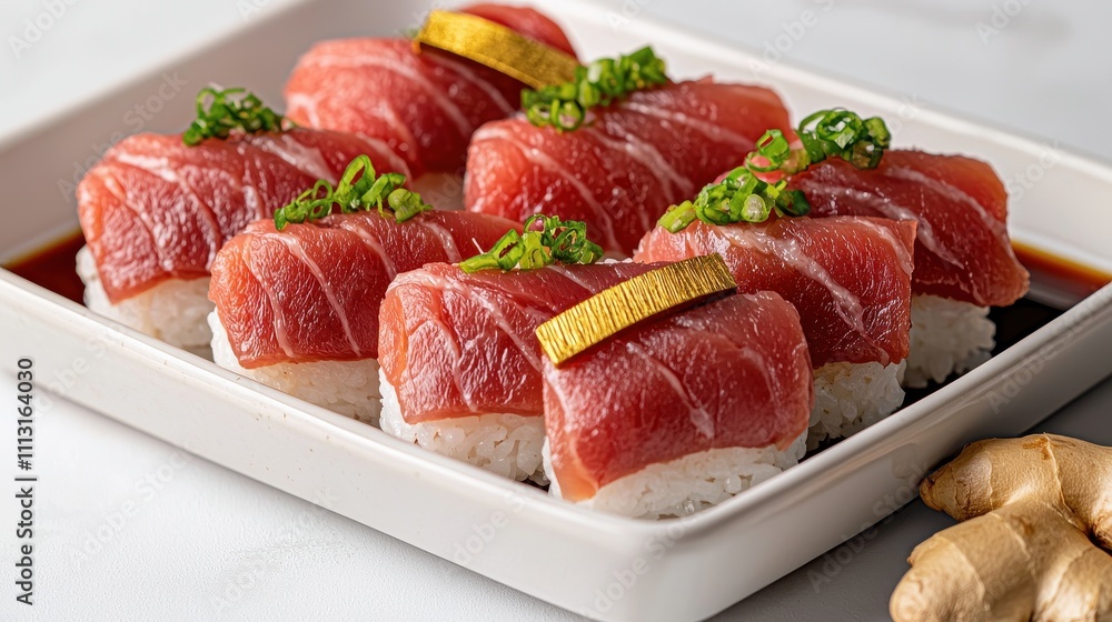 Fresh sushi with tuna and scallions served on a white plate Fresh sushi with tuna and scallions served on a white plate