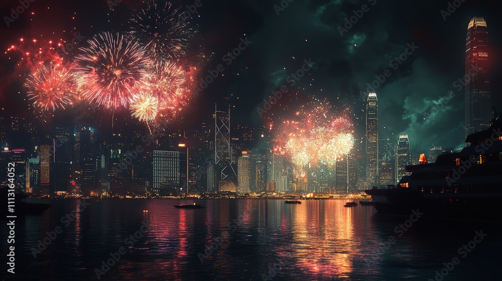 New Year Eve fireworks seen from a boat, with the cityscape in the background New Year Eve fireworks seen from a boat, with the cityscape in the background
