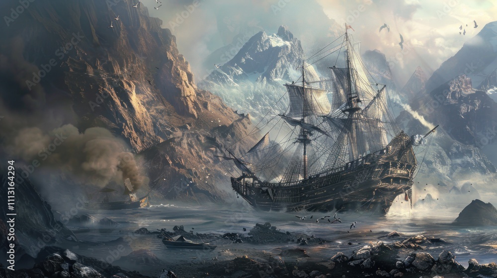 Obraz premium Ship Sailing Through Dramatic Mountainous Landscape