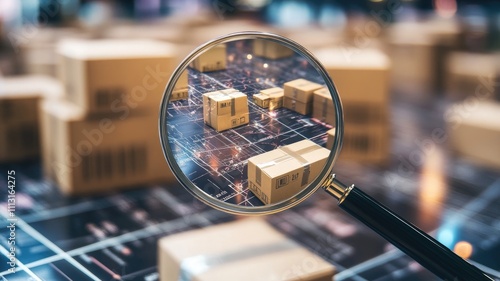 Magnifying glass examines cardboard boxes on logistics network