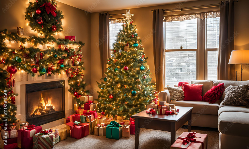 Create an illustration featuring a cozy living room interior, complete with a sofa, a mirror, a beautifully decorated Christmas tree, and festive decorations. The design should evoke the warmth Create an illustration featuring a cozy living room interior, complete with a sofa, a mirror, a beautifully decorated Christmas tree, and festive decorations. The design should evoke the warmth