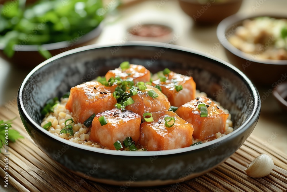 Delicious Salmon Cubes Served Over Grains with Fresh Garnish in a Decorative Bowl Delicious Salmon Cubes Served Over Grains with Fresh Garnish in a Decorative Bowl
