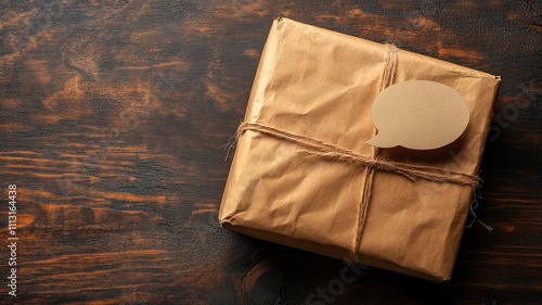 Wrapped brown paper package with twine and blank speech bubble tag