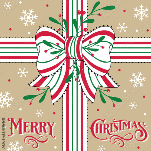 Christmas Gift Bows with Mistletoe, Snowflakes, and Merry Christmas Text. Natural Background- Christmas Isolated Vector Illustration