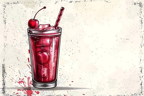 Iced cherry drink in a tall glass with ice cubes and a cherry on top, on a grunge background.
