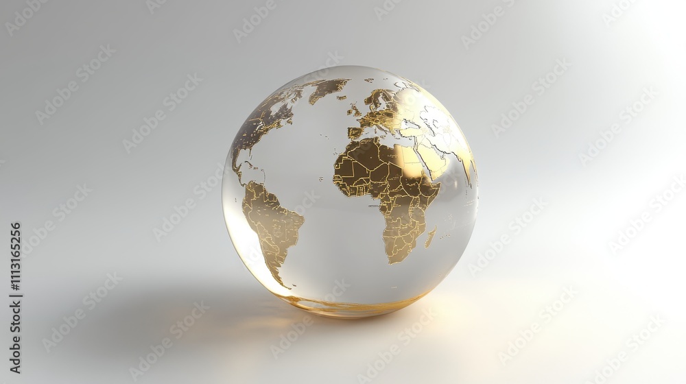 Glass globe showing golden continents on white background Glass globe showing golden continents on white background