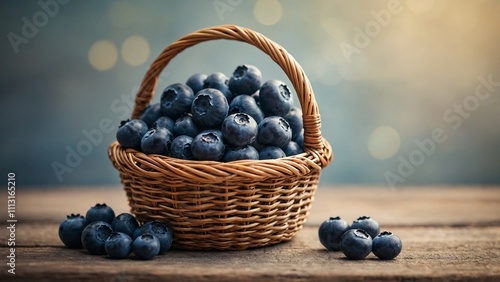 Blueberries in a handled woven wicker basket on a rustic wood table surface with a simple bokeh background photo