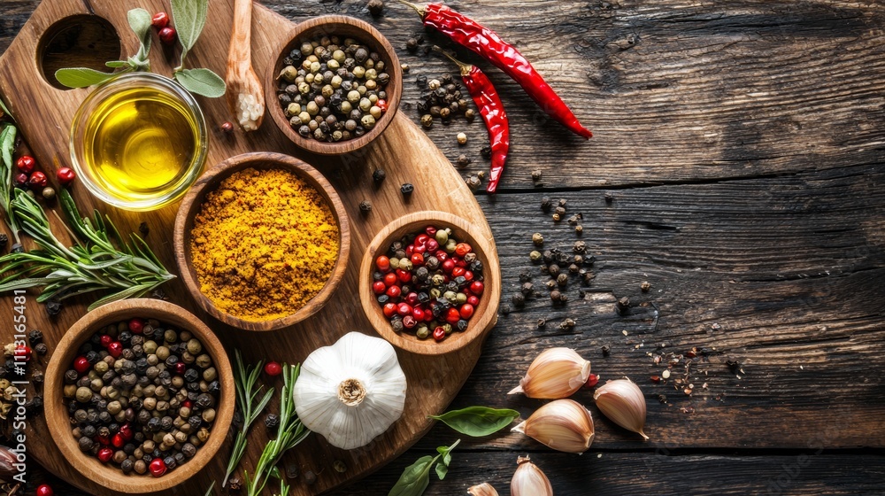 Assorted spices and herbs on a rustic wooden cutting board Assorted spices and herbs on a rustic wooden cutting board