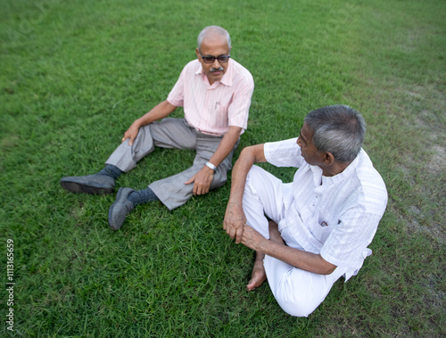 Two Active Seniors are making conversation sitting on a grass field photo