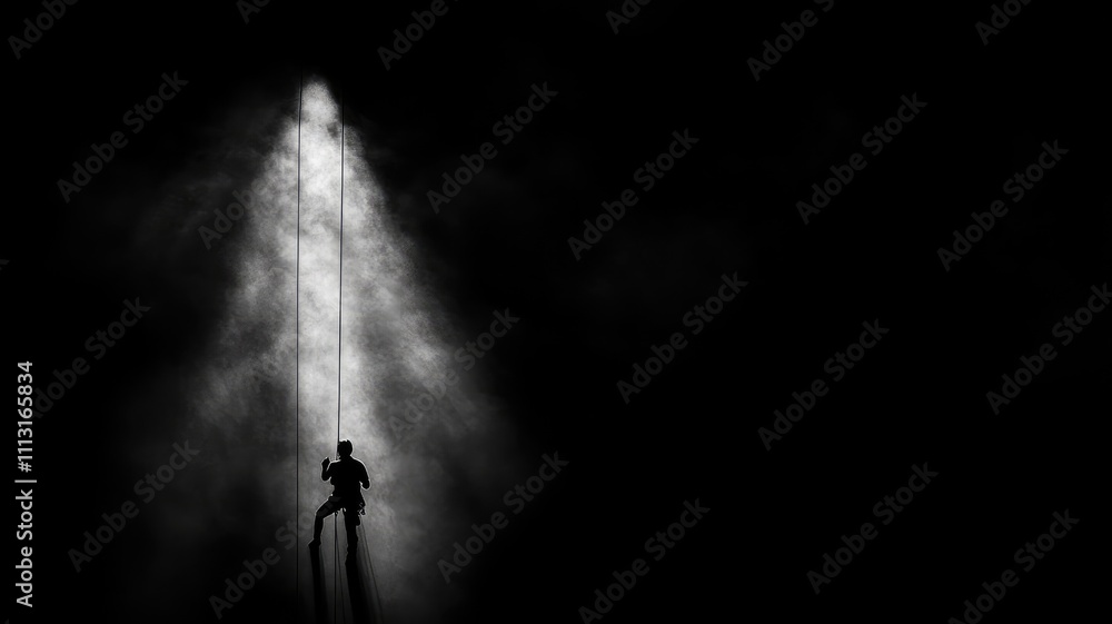 Fototapeta premium Silhouette of climber ascending in dark, smoky environment