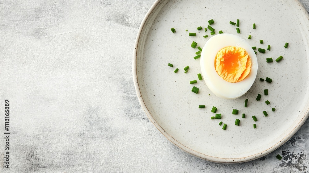 Halved boiled egg garnished with chopped chives on plate Halved boiled egg garnished with chopped chives on plate