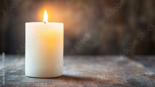 White candle burning with steady flame in rustic setting