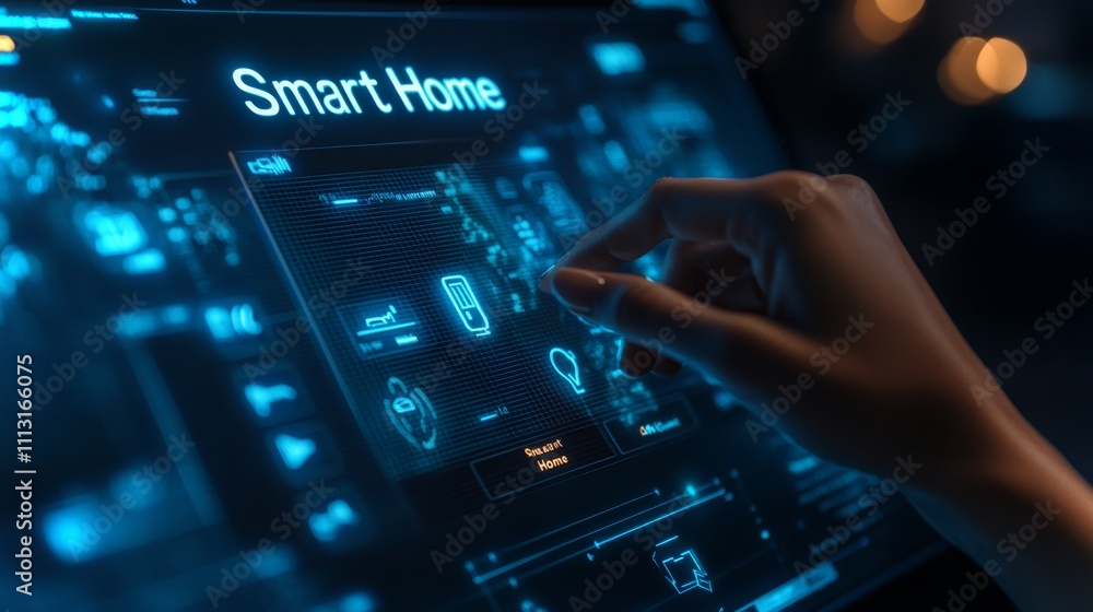 Interactive holographic smart home dashboard displayed in a modern living environment Interactive holographic smart home dashboard displayed in a modern living environment