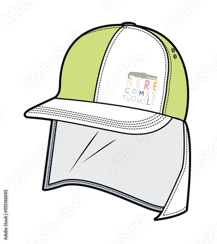 Canvas caps with neck shield vector design mockup template.