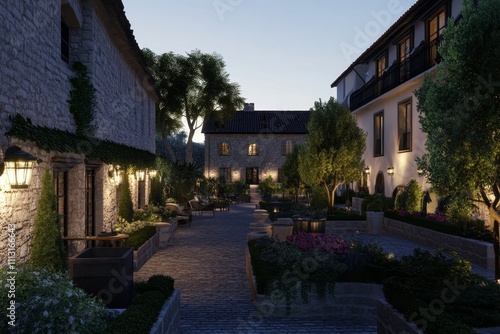 3D realistic render of a modern art film-inspired landscape, combining lush vegetation, diverse plants, and innovative architecture in a harmonious design