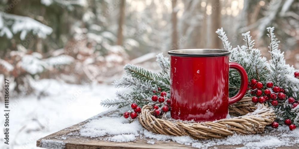 Rustic winter still life featuring a red enamel mug surrounded by frosted pine branches and berries Rustic winter still life featuring a red enamel mug surrounded by frosted pine branches and berries