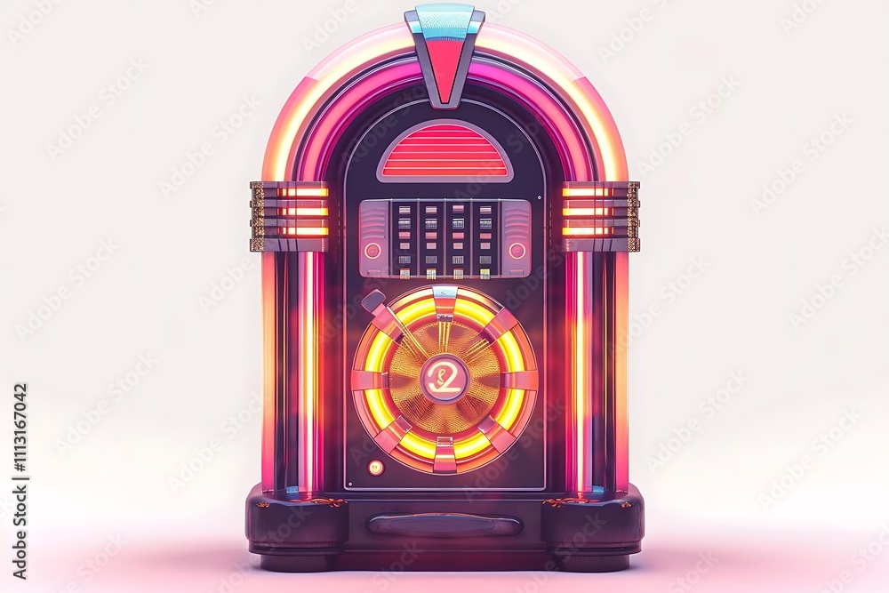 Retro jukebox with vibrant neon lights, isolated on white background. Retro jukebox with vibrant neon lights, isolated on white background.
