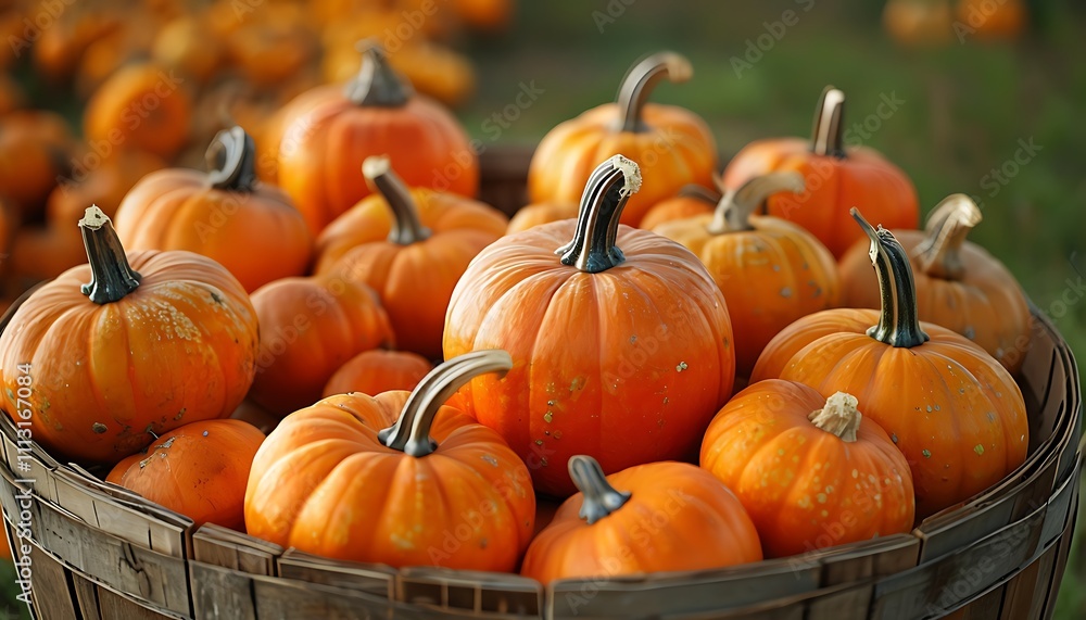 a group of small pumpkins arranged in a rustic wooden basket a group of small pumpkins arranged in a rustic wooden basket