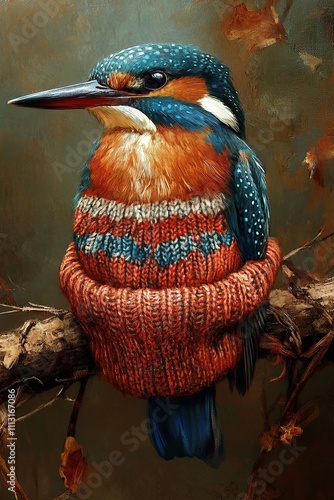 A kingfisher wearing a knitted sweater sits on a branch. photo