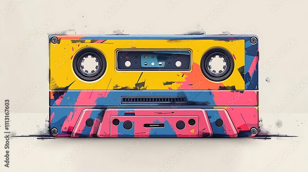 Naklejka premium Colorful abstract paint splattered cassette tape.