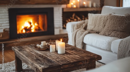 Fireplace against white sofa and rustic wooden coffee table. Scandinavian style home interior design of modern living room.