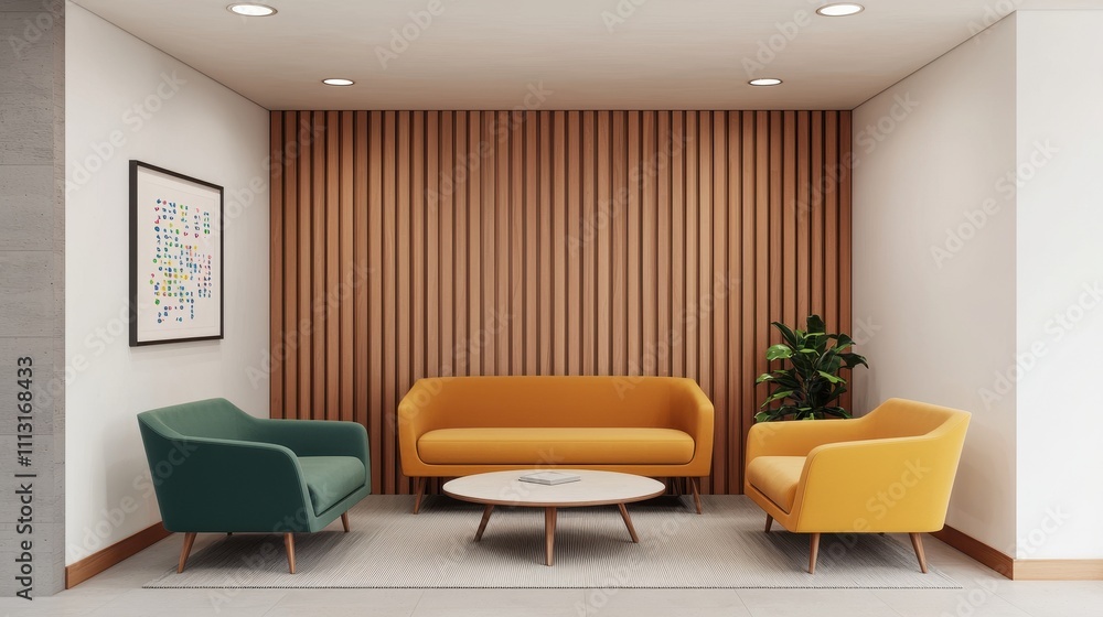 Fototapeta premium Modern Living Room with Colorful Furniture and Warm Wood Accents
