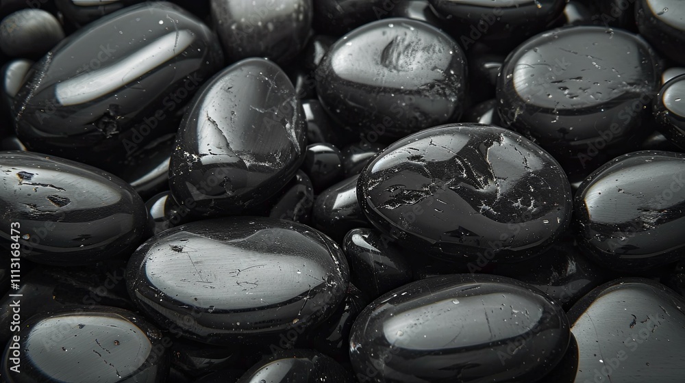 Polished black obsidian tumbled stones, close-up view showing texture and shine. Polished black obsidian tumbled stones, close-up view showing texture and shine.