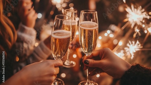 Festive glasses of champagne clinking against a backdrop of sparklers for New Year Eve photo