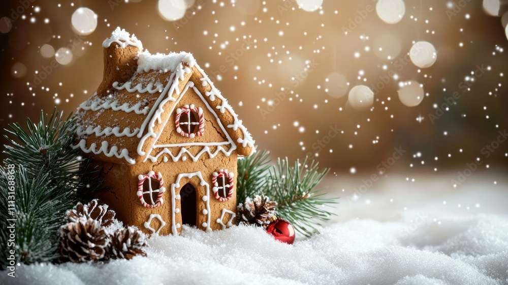 Cozy gingerbread house decorated with icing and candy, surrounded by snow and pine branches, creating a festive winter atmosphere. Cozy gingerbread house decorated with icing and candy, surrounded by snow and pine branches, creating a festive winter atmosphere.