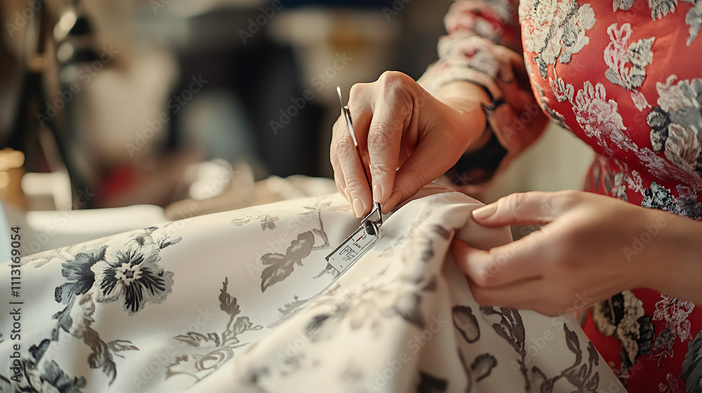Obraz premium Close-up of woman's hands sewing a floral fabric label.