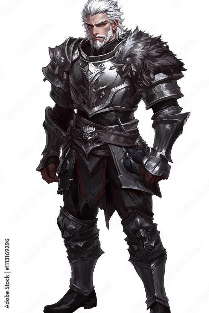 Fototapeta premium Full-body depiction of a fierce, ferocious character in dark silver armor, created for a mobile game