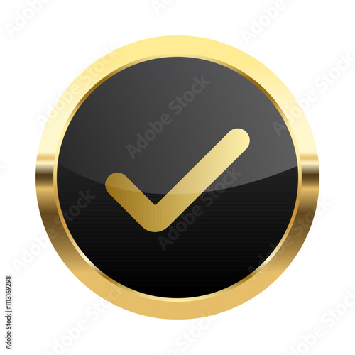 Golden Check mark label ,Gold and black Round Circle shiny sticker Badge with tick icon, Approved Label, Supplement, Quality Control Symbol ,correct or yes sign ,vector element
