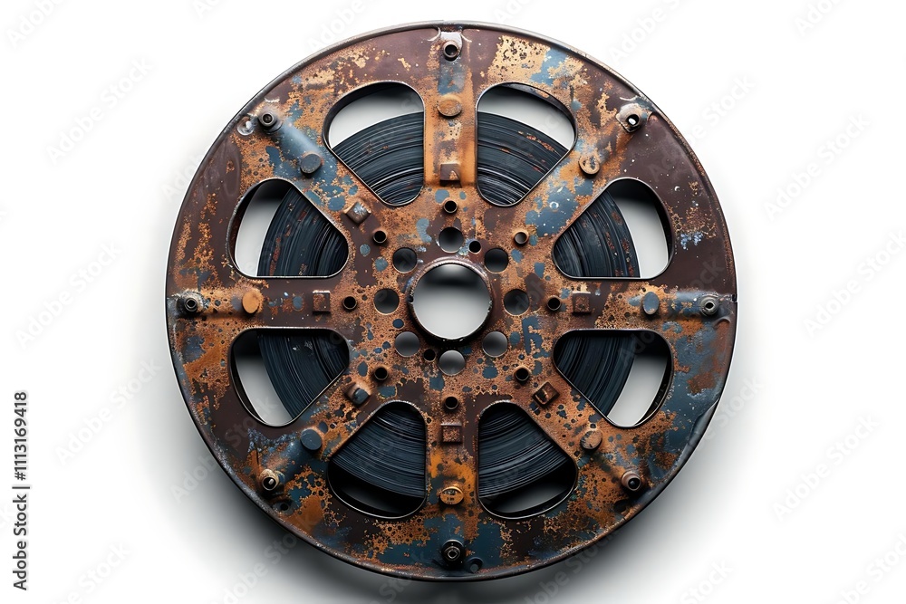 Obraz premium Rusted vintage film reel with dark gray film, isolated on white background.