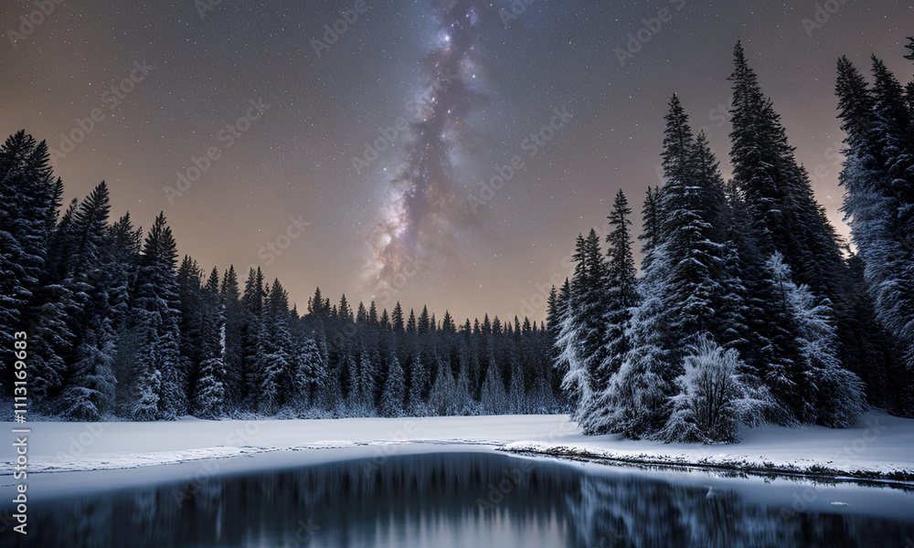Fototapeta premium A winter wonderland background, with snow-covered pine trees, a frozen lake, and a clear, starry night sky, capturing the essence of the holiday season