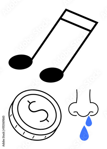 Large musical note, dollar coin with sign, and nose with blue water droplets. Ideal for finance, music, emotion, healthcare, economics sound and creativity themes. Line metaphor