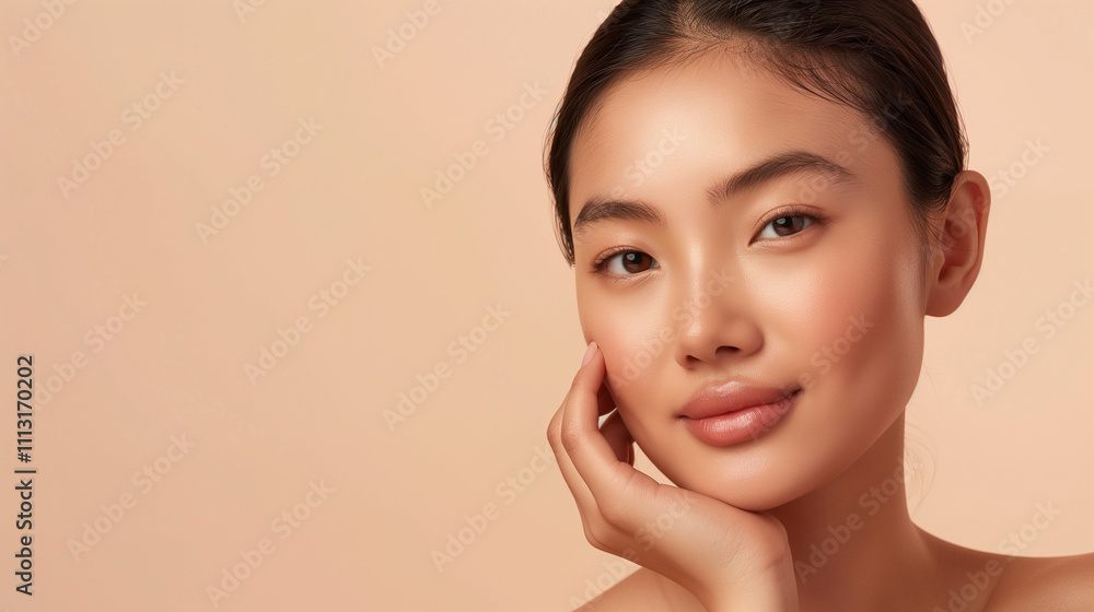 Young Asian beauty woman with natural makeup style, Perfect skin on isolated beige and clean background, Facial treatment Cosmetology plastic surgery and skincare product. Young Asian beauty woman with natural makeup style, Perfect skin on isolated beige and clean background, Facial treatment Cosmetology plastic surgery and skincare product.