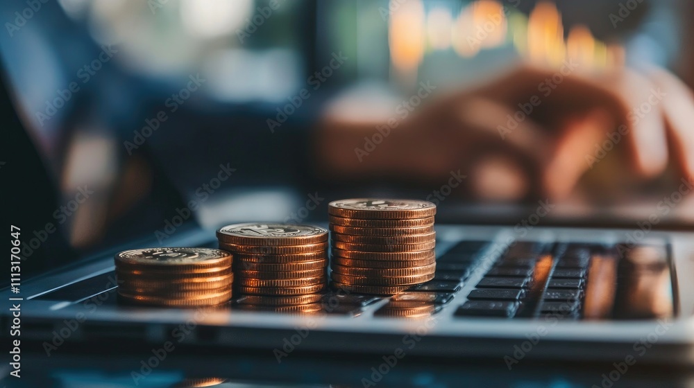 A laptop with stacked coins, symbolizing finance and investment in a digital context. A laptop with stacked coins, symbolizing finance and investment in a digital context.