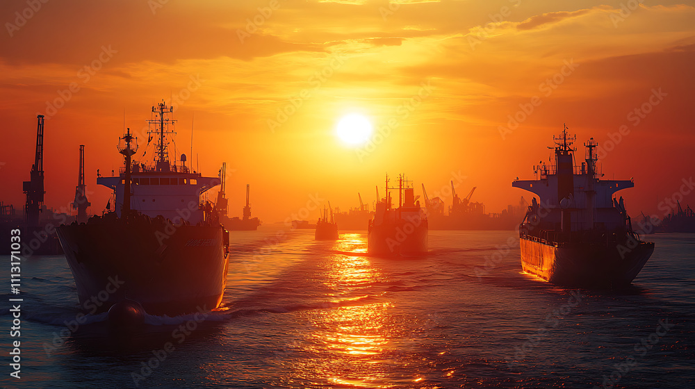 Fototapeta premium Silhouetted cargo ships sailing at sunset.