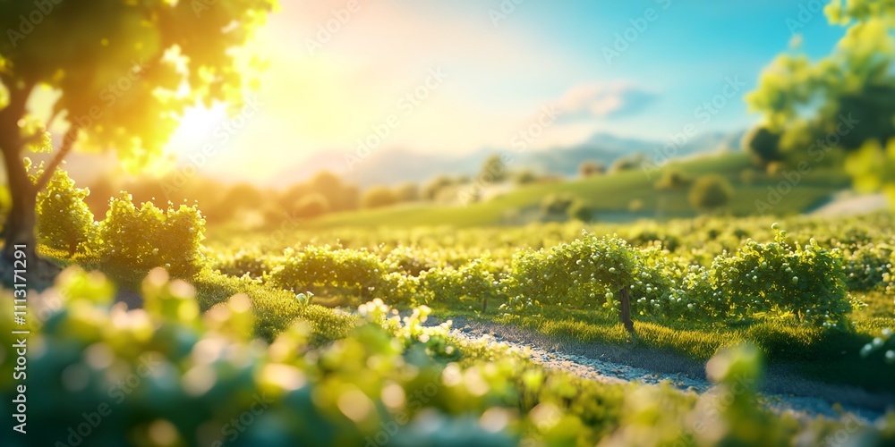 Fototapeta premium A field of green grass with a road running through it. The sun is shining brightly, creating a warm and inviting atmosphere