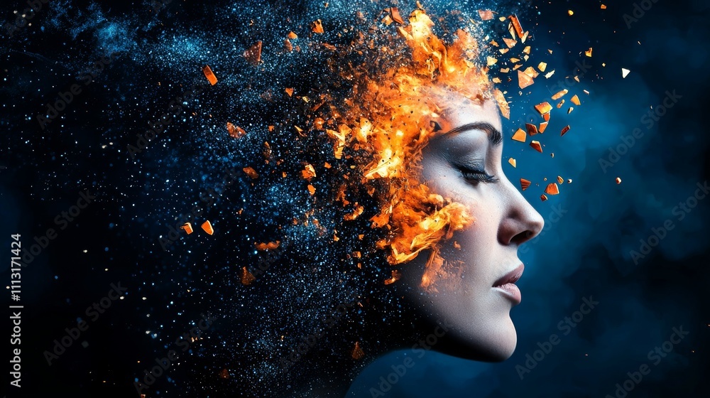 A surreal depiction of a woman's profile with an explosive, fiery transformation. A surreal depiction of a woman's profile with an explosive, fiery transformation.