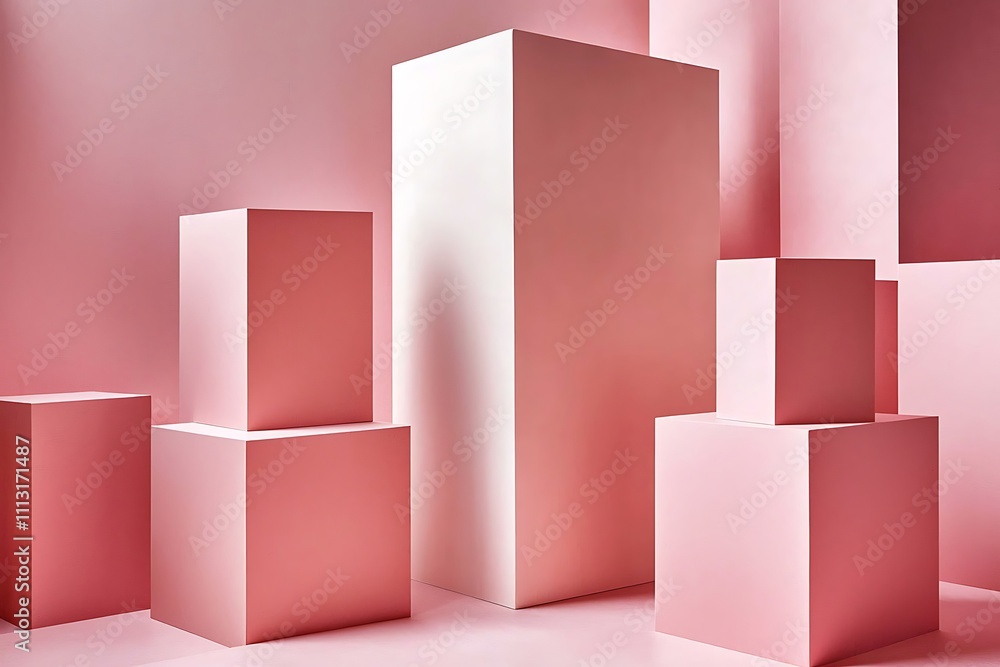 Abstract Minimalist Composition of Pink and White Cubes Against a Pink Wall Abstract Minimalist Composition of Pink and White Cubes Against a Pink Wall